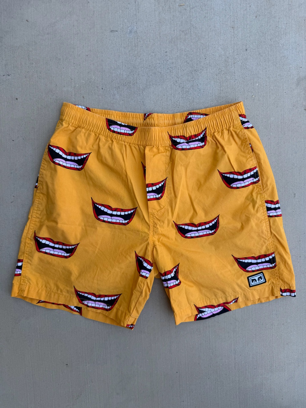 Obey Yellow Graphic Mouth Print Drawstring Shorts